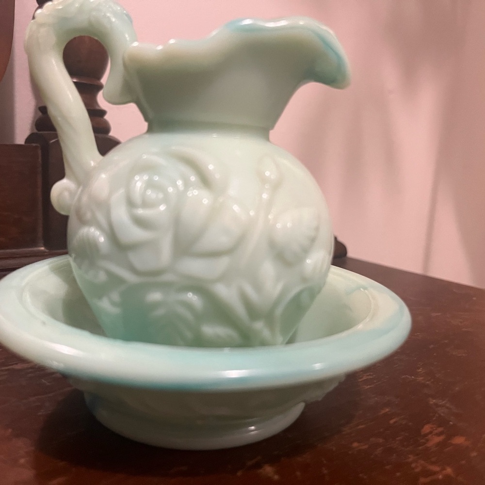 Vintage Style Avon Green Pitcher and Bowl Set